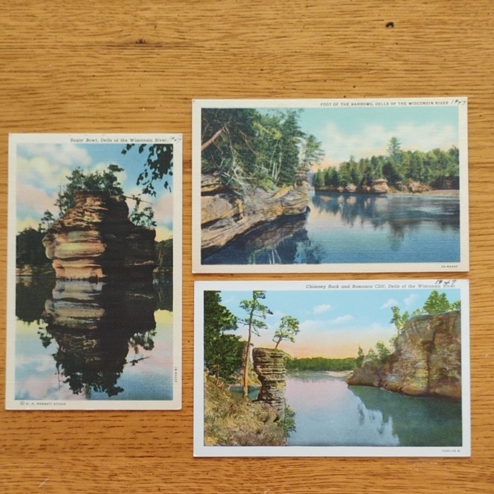 Wisconsin Dells Linen Postcards Set/3 Marked 1947 H. H. Bennett Studio